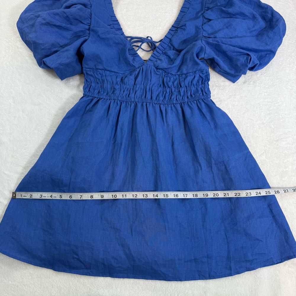 NEW Amalie the Label by Showpo Khaila LInen Lunge Puff Sleeve Mini Dress Blue 6 - Picture 15 of 15
